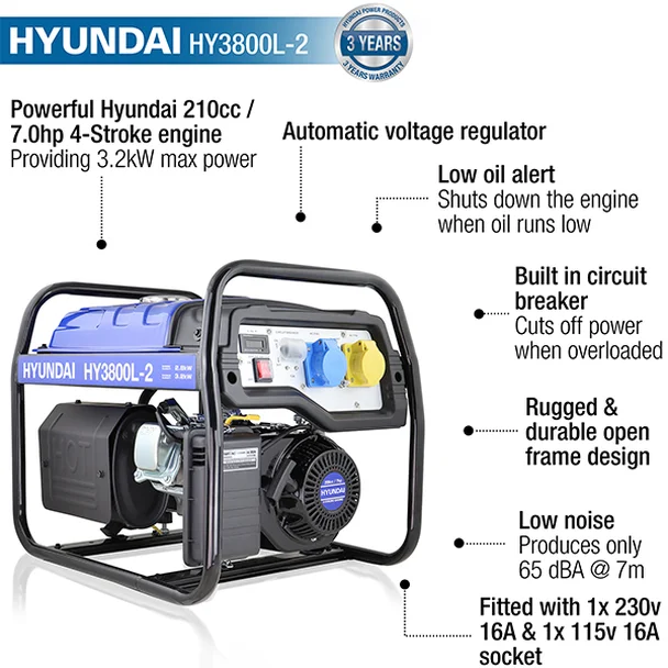 Hyundai 3.2kW / 4kVa* Recoil Start Site Petrol Generator | HY3800L-2