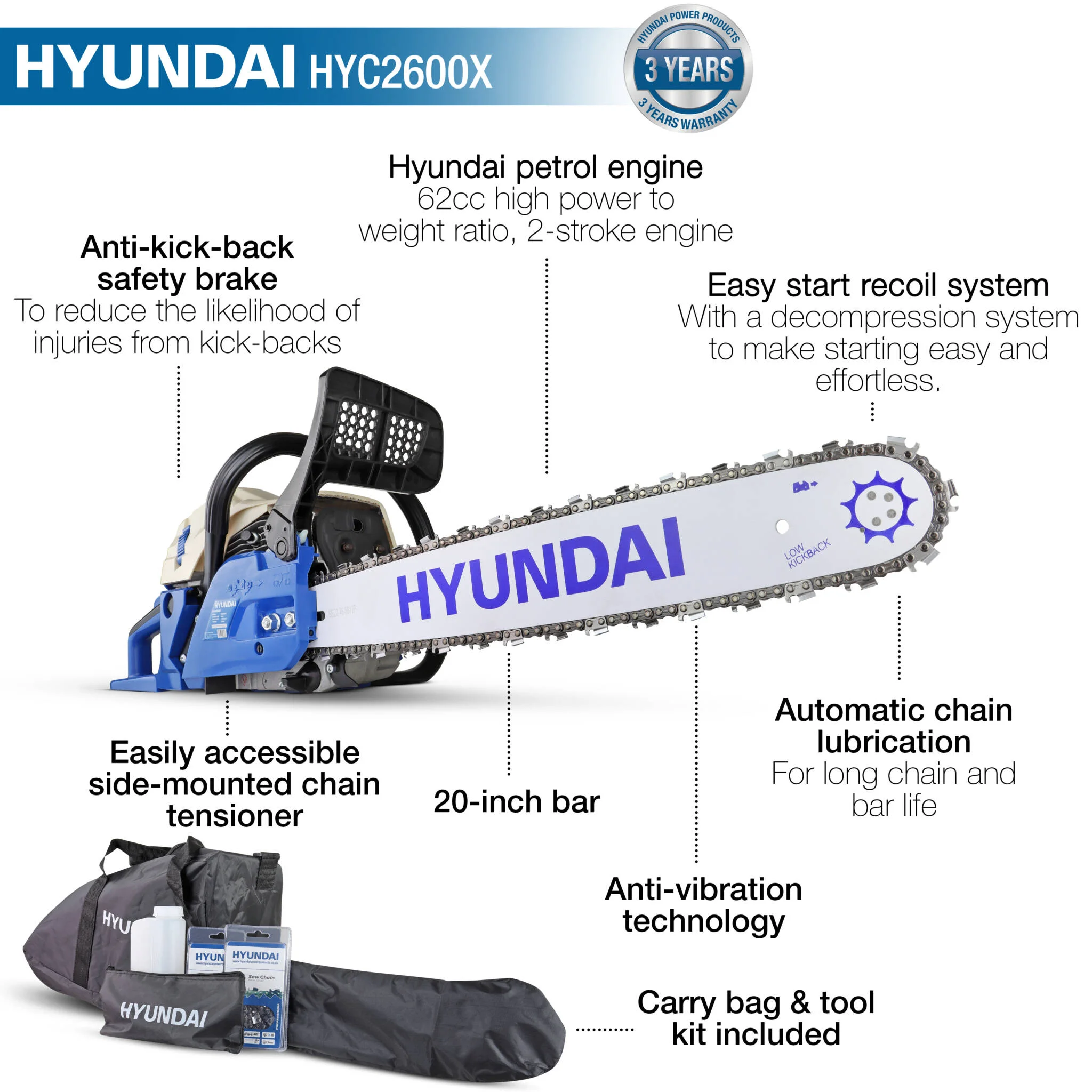 Hyundai HYC6200X 62cc 20” Petrol Chainsaw, 2-Stroke Easy-Start
