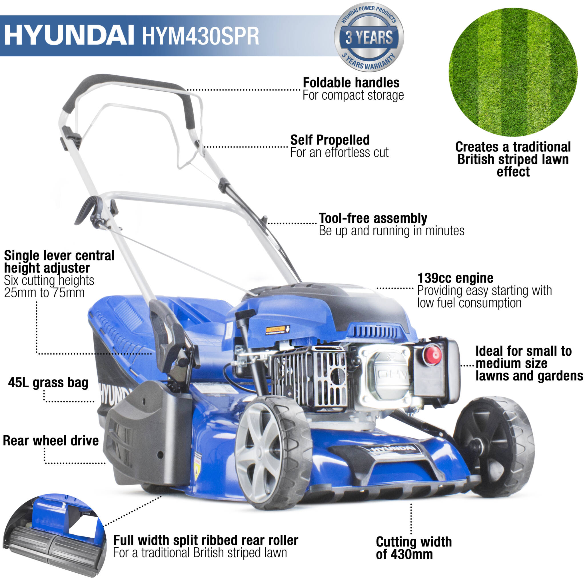 Hyundai HYM430SPR 17 43cm 139cc Self Propelled Petrol Roller Lawnmower