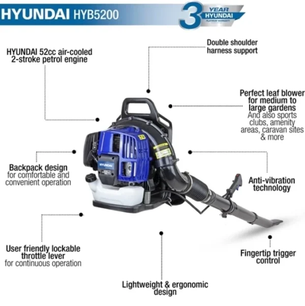 Hyundai 52cc 2-Stroke Backpack Petrol Leaf Blower | HYB5200