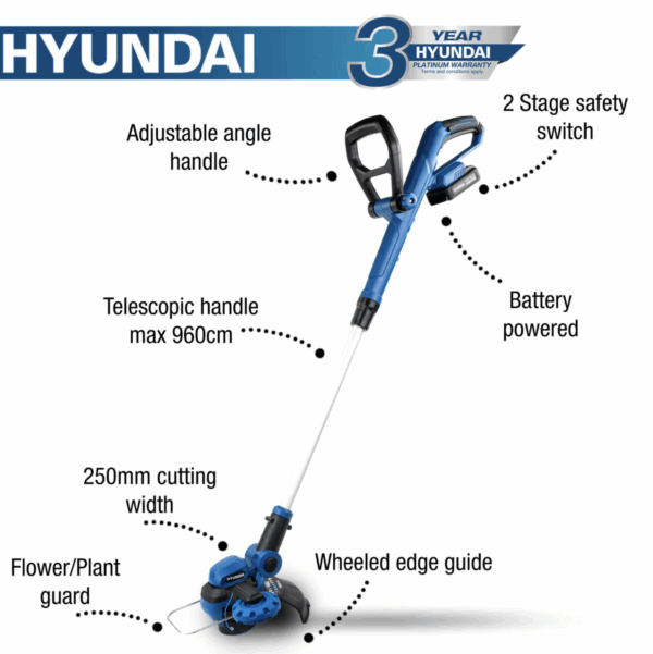 Hyundai 20V 2-in-1 Cordless Grass Trimmer and Lawn Edger 2Ah Battery, 25cm Cut | HY2187