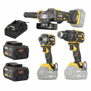 JCB Pro 18V Kit Combi Drill 75Nm Impact Driver 230Nm Angle Grinder 115mm With 2 x 5.0Ah Batteries Charger And Tool Bag