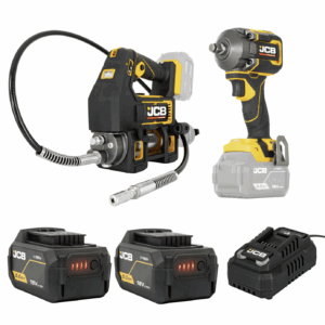 JCB Pro 18V Kit ½″ Impact Wrench And Grease Gun With 2 x 5.0Ah Batteries Fast Charger And Soft Tool Bag