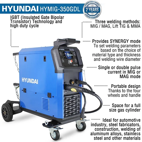 Hyundai MIG DC Inverter Welder, 400V Three Phase, Pro Series | HYMIG-350GDL