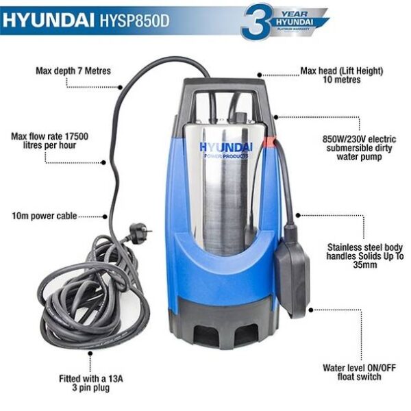 Hyundai Electric Submersible Dirty Water Pump 850w HYSP850D