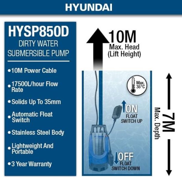 Hyundai Electric Submersible Dirty Water Pump 850w HYSP850D