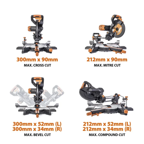 Evolution R255SMS-DB+ 255mm Double Bevel Sliding Compound Mitre Saw With 40T Wood Blade And 28T Multi-Material TCT Blade