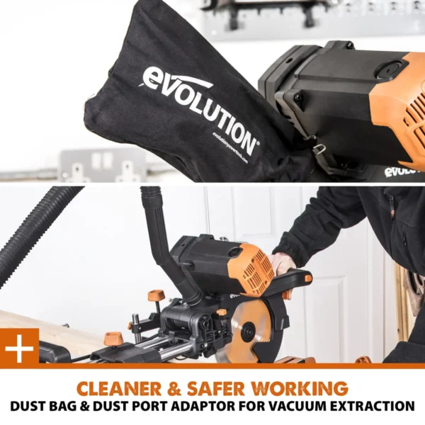 Evolution R255SMS-DB+ 255mm Double Bevel Sliding Compound Mitre Saw With 40T Wood Blade And 28T Multi-Material TCT Blade
