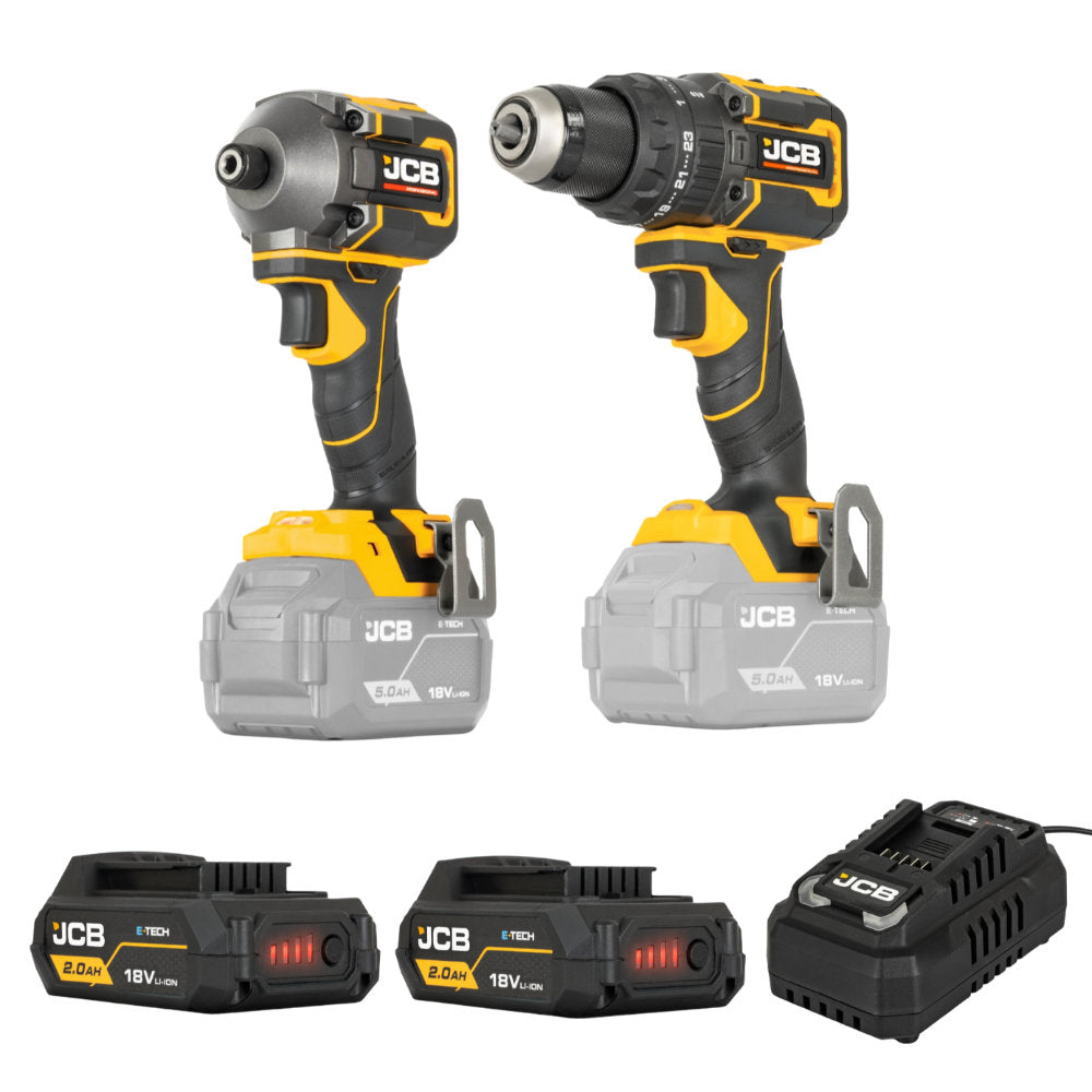 JCB 18V Pro Kit With 75Nm Combi Drill, 230Nm Impact Driver, 2 x 2.0Ah Batteries and 4.5A Charger