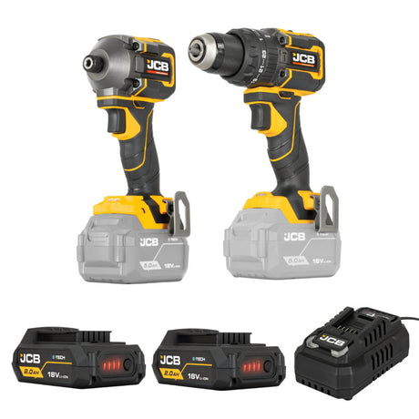 JCB 18V Pro Kit With 75Nm Combi Drill, 230Nm Impact Driver, 2 x 2.0Ah Batteries and 4.5A Charger