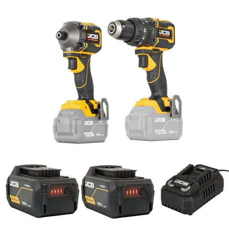 JCB Pro 18V Kit With 75Nm Combi Drill, 230Nm Impact Driver, 2 x 5.0Ah Batteries and 4.5A Charger