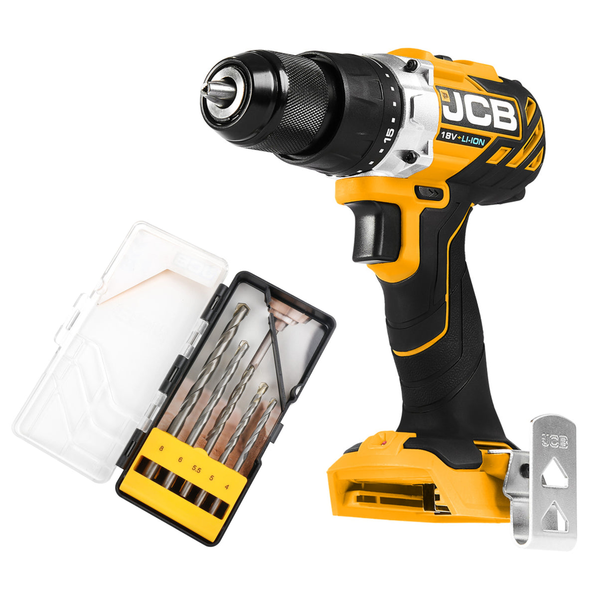 JCB 18V Brushless Drill Driver Bare Unit With 5 Piece Masonry Drill Bit Set