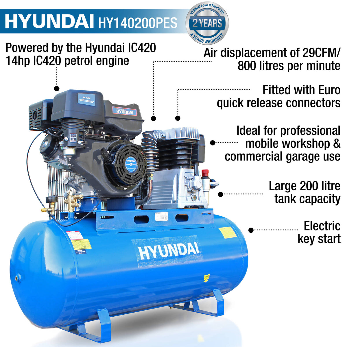 Hyundai HY140200PES 200L Litre Air Compressor, 29CFM/145psi, Twin Cylinder Belt Drive 14hp