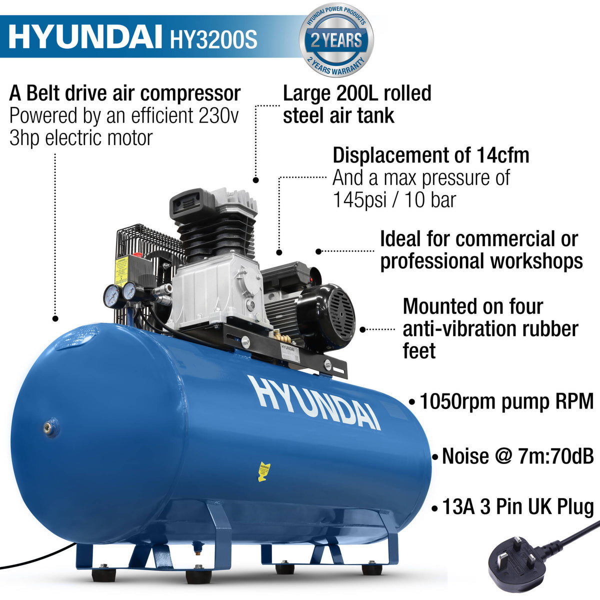 Hyundai HY3200S 200 Litre Air Compressor, 14CFM/145psi, Electric 3hp