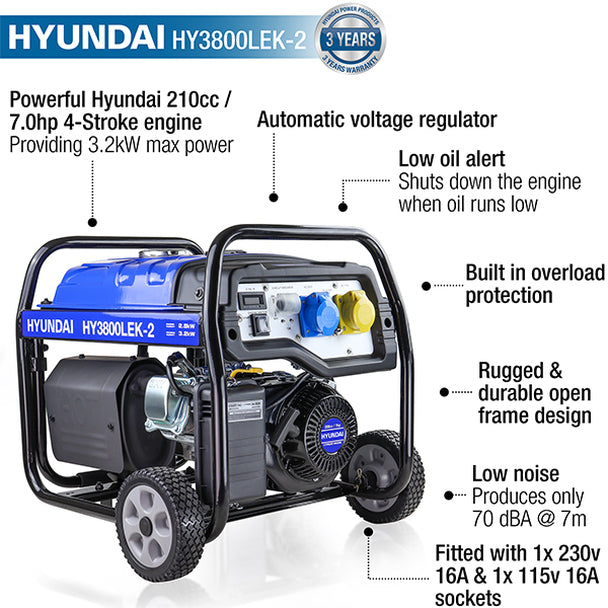 Hyundai 3.2kW / 4kVa* Electric Start Site Petrol Generator | HY3800LEK-2