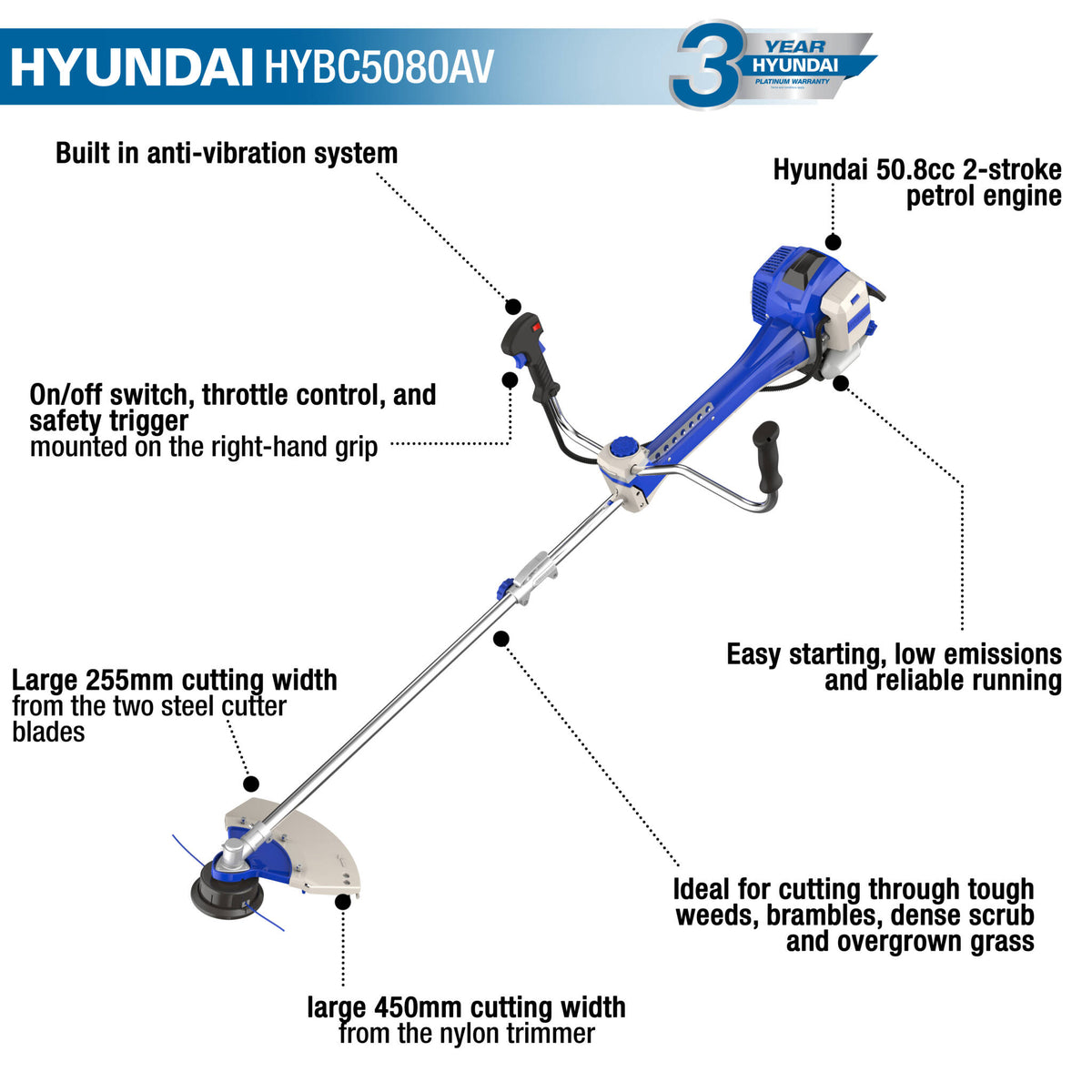 Hyundai HYBC5080AV 50.8cc Anti-Vibration Grass Trimmer / Brushcutter
