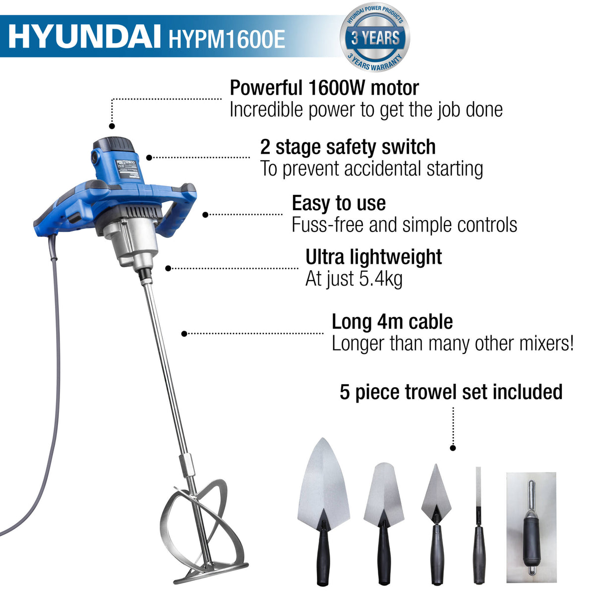 Hyundai HYPM1600E 1600W Electric Paddle Mixer with 5 Piece Trowel Set 230v/240v