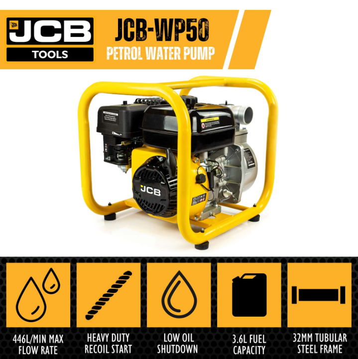 JCB 50mm 2’’ Professional Petrol Water Pump 7.5hp 224cc 4-Stroke