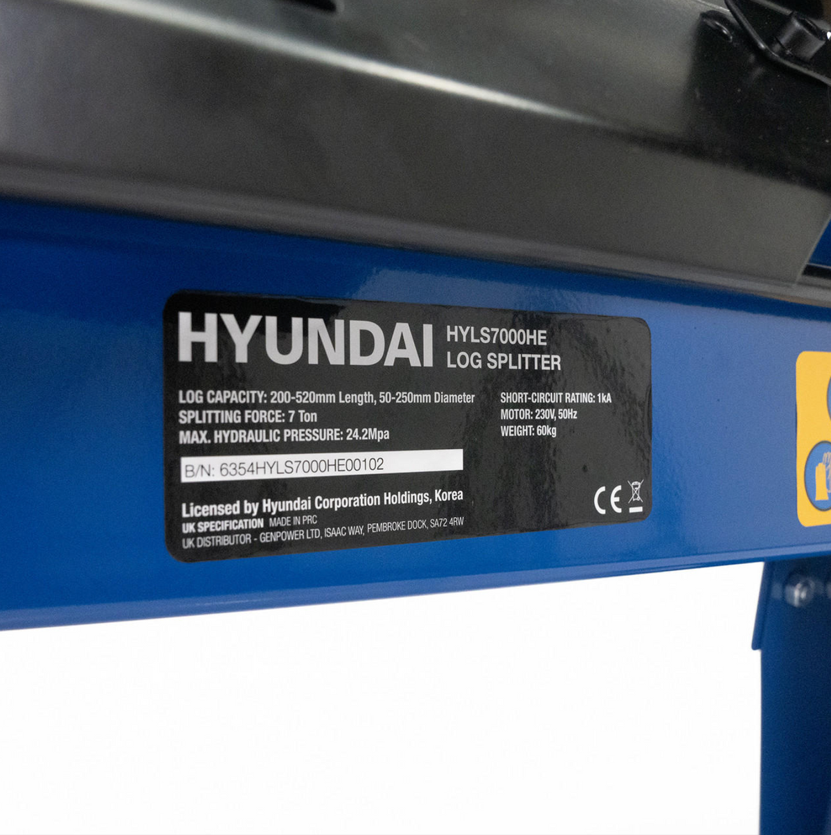 Hyundai 7 Tonne Horizontal Electric Log Splitter with Hydraulic Ram, Steel Protection Cage 520mm Length | HYLS7000HE