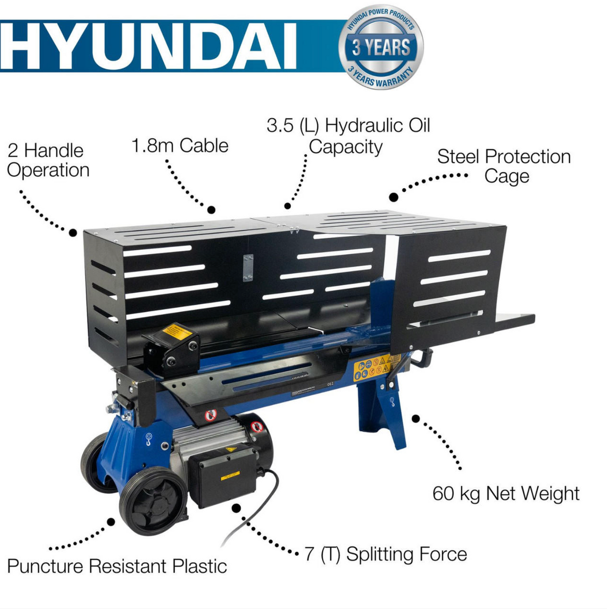 Hyundai 7 Tonne Horizontal Electric Log Splitter with Hydraulic Ram, Steel Protection Cage 520mm Length | HYLS7000HE