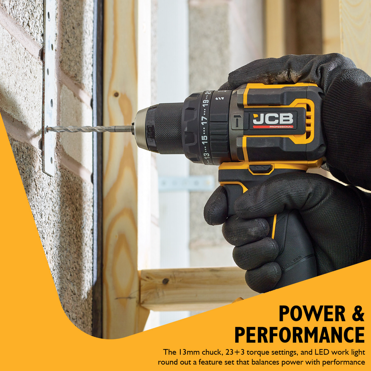 JCB Pro 18V Compact Combi Drill 75Nm, Brushless, 2-Speed, 23+3 Positions & 13mm Metal Chuck (Bare Tool)