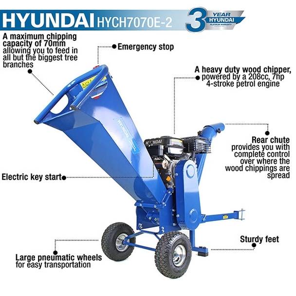 Hyundai Petrol Electric Start Wood Chipper 70mm HYCH7070E-2