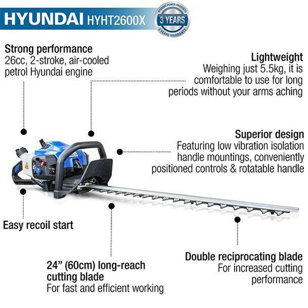 Hyundai HYHT2600X Petrol Hedge Trimmer/Pruner, 24" (60cm), Lightweight and Anti-Vibration