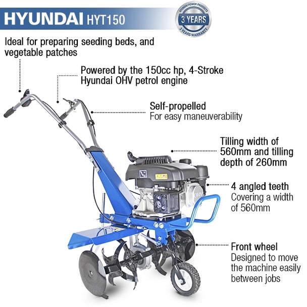 Hyundai HYT150 2.7kW 150cc 4-Stroke Petrol Garden Tiller, Cultivator, Rotovator and Rototiller