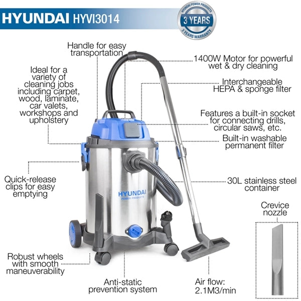 Hyundai 1400W 3-In-1 Wet and Dry HEPA Filtration Electric Vacuum Cleaner | HYVI3014
